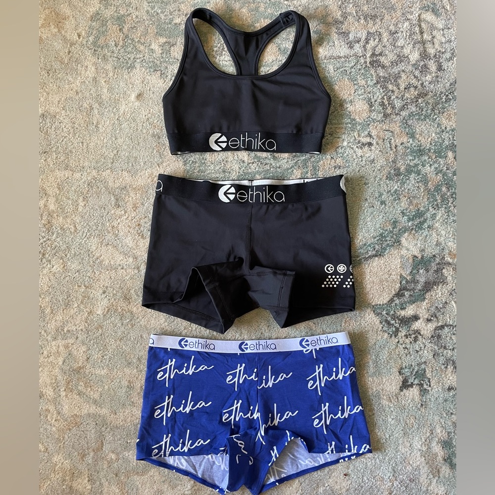 NWOT- Ethika sports bra, Shorty, and performance boy short set - Small
